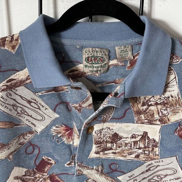Vintage Global Tracking GPS Polo Shirt Mens M Blue Eclectic Grandpa Fishing - Picture 2 of 8